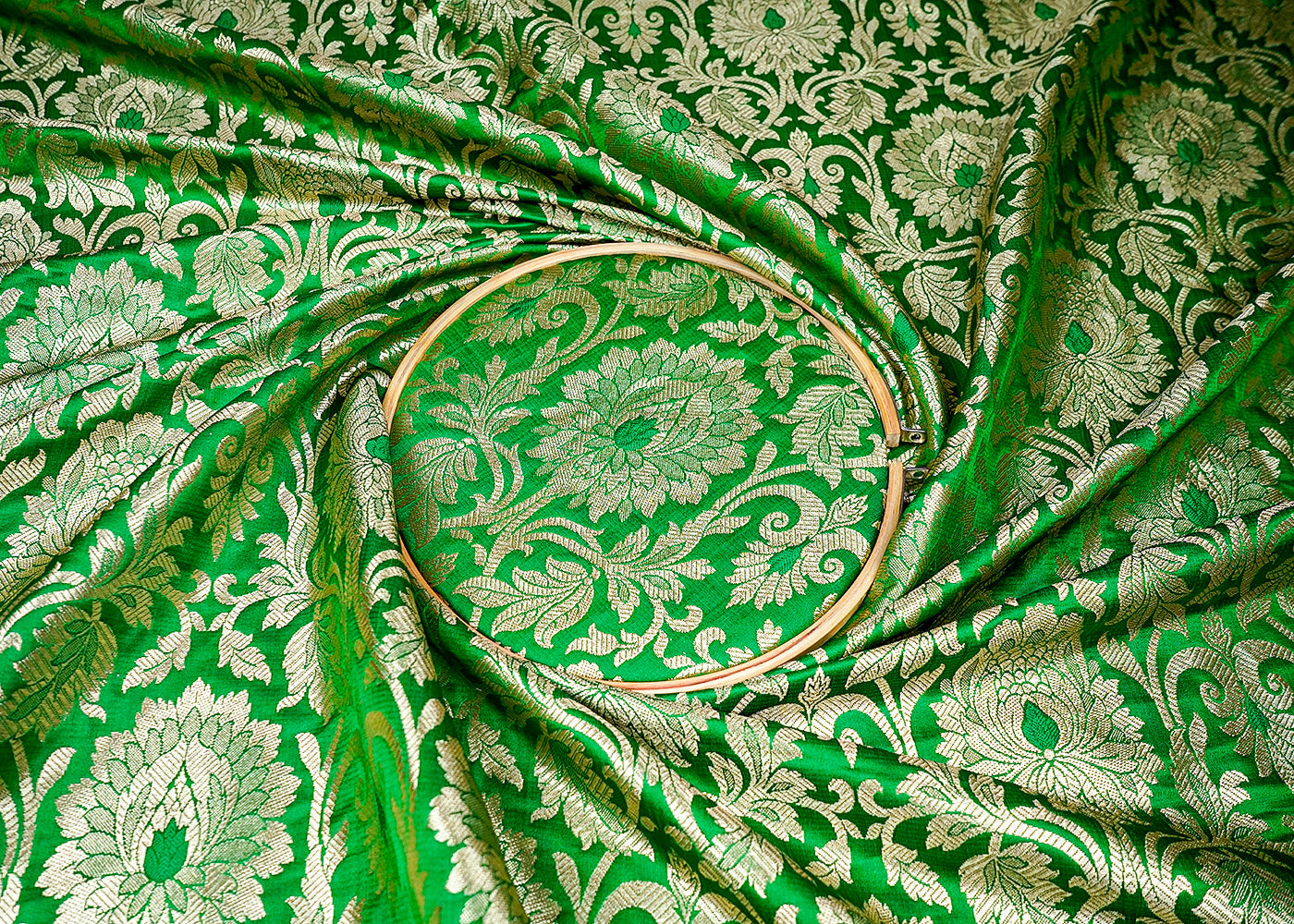 (Pre-Cut 1.5 MTR) Green Banarasi Brocade Fabric With All Over Golden Zari Handloom 18310
