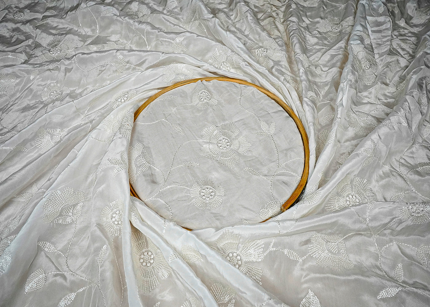 (Pre-Cut 1.8 MTR) White Crepe Fabric With All Over Thread And Sequins Work 18313