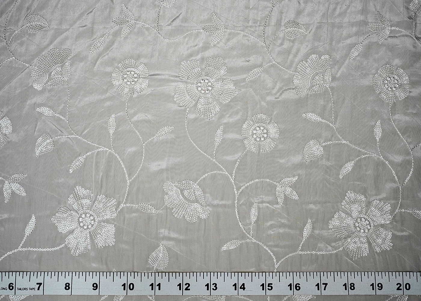 (Pre-Cut 1.8 MTR) White Crepe Fabric With All Over Thread And Sequins Work 18313