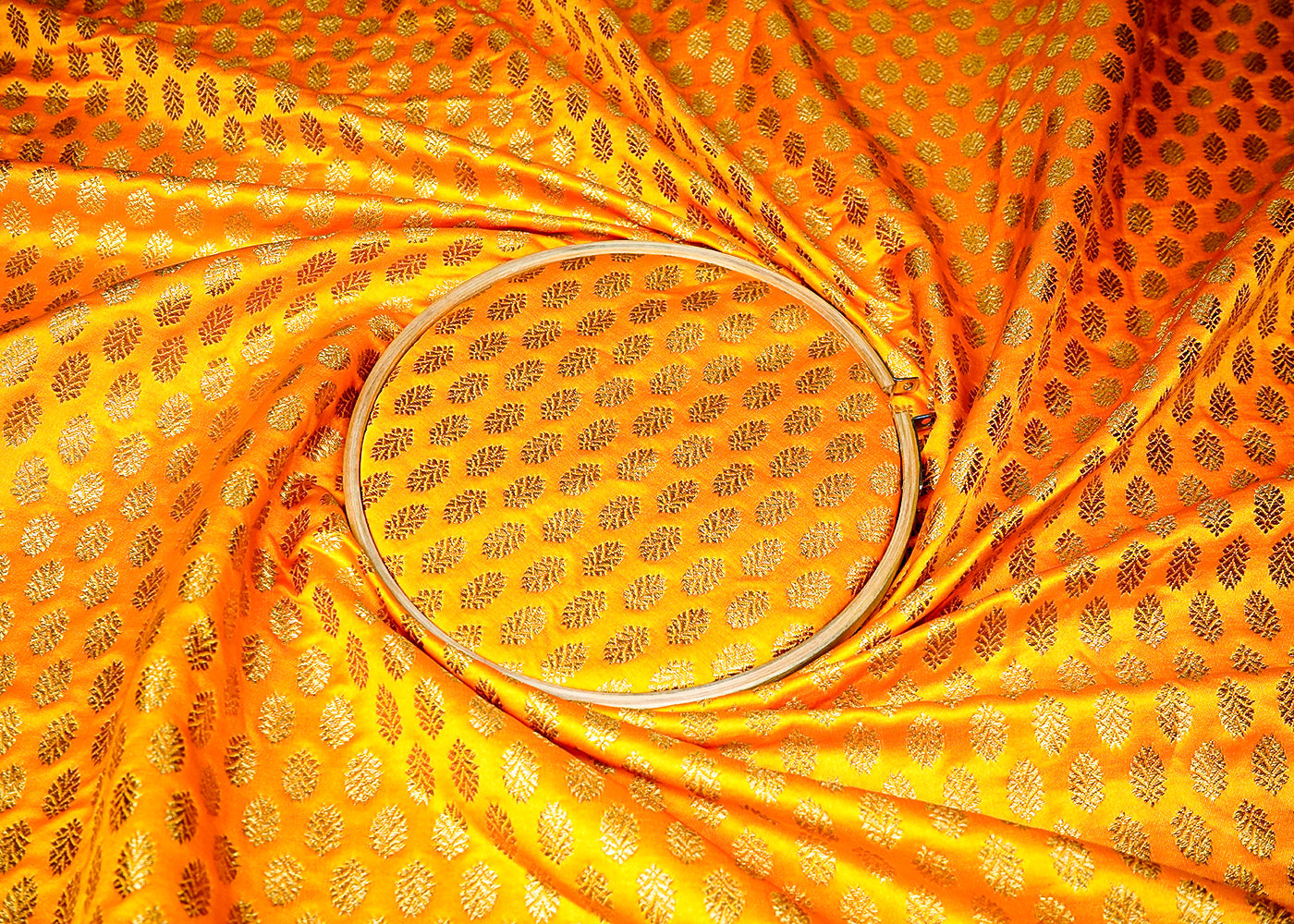 (Pre-Cut 1.75 MTR) Mustard Banarasi Brocade Fabric With All Over Golden Zari Handloom 18315