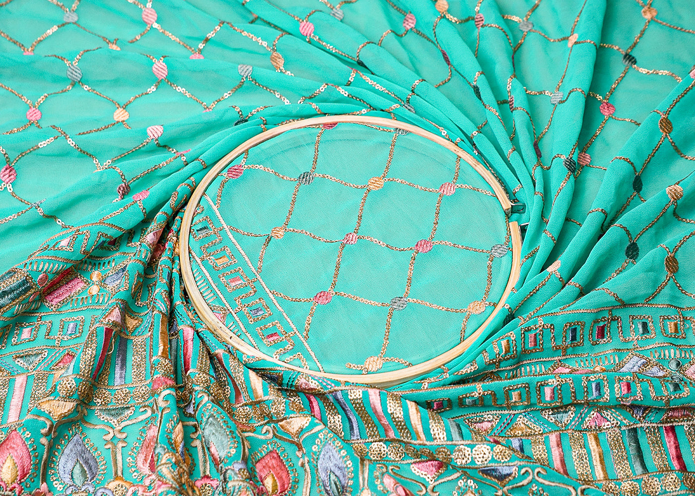 (Pre-Cut 2 MTR) Mint Green Georgette Fabric With All Over Thread And Sequins Work With One Side Border 18318