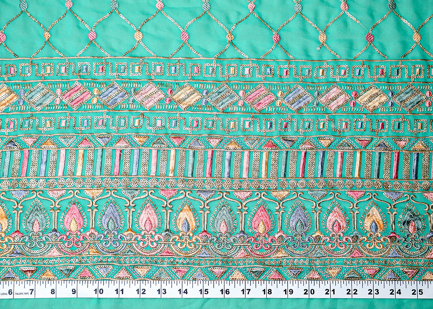 (Pre-Cut 2 MTR) Mint Green Georgette Fabric With All Over Thread And Sequins Work With One Side Border 18318