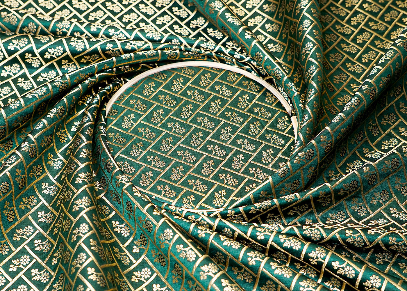 (Pre-Cut 1.75 MTR) Bottle Green Banarasi Brocade Fabric With All Over Golden Zari Handloom 18319