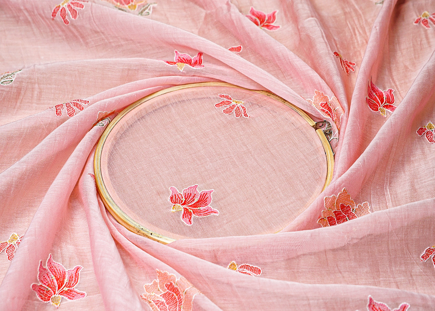 (Pre-Cut 1.35 MTR) Light Pink Chanderi Fabric With All Over Thread And Sequins Work 18323