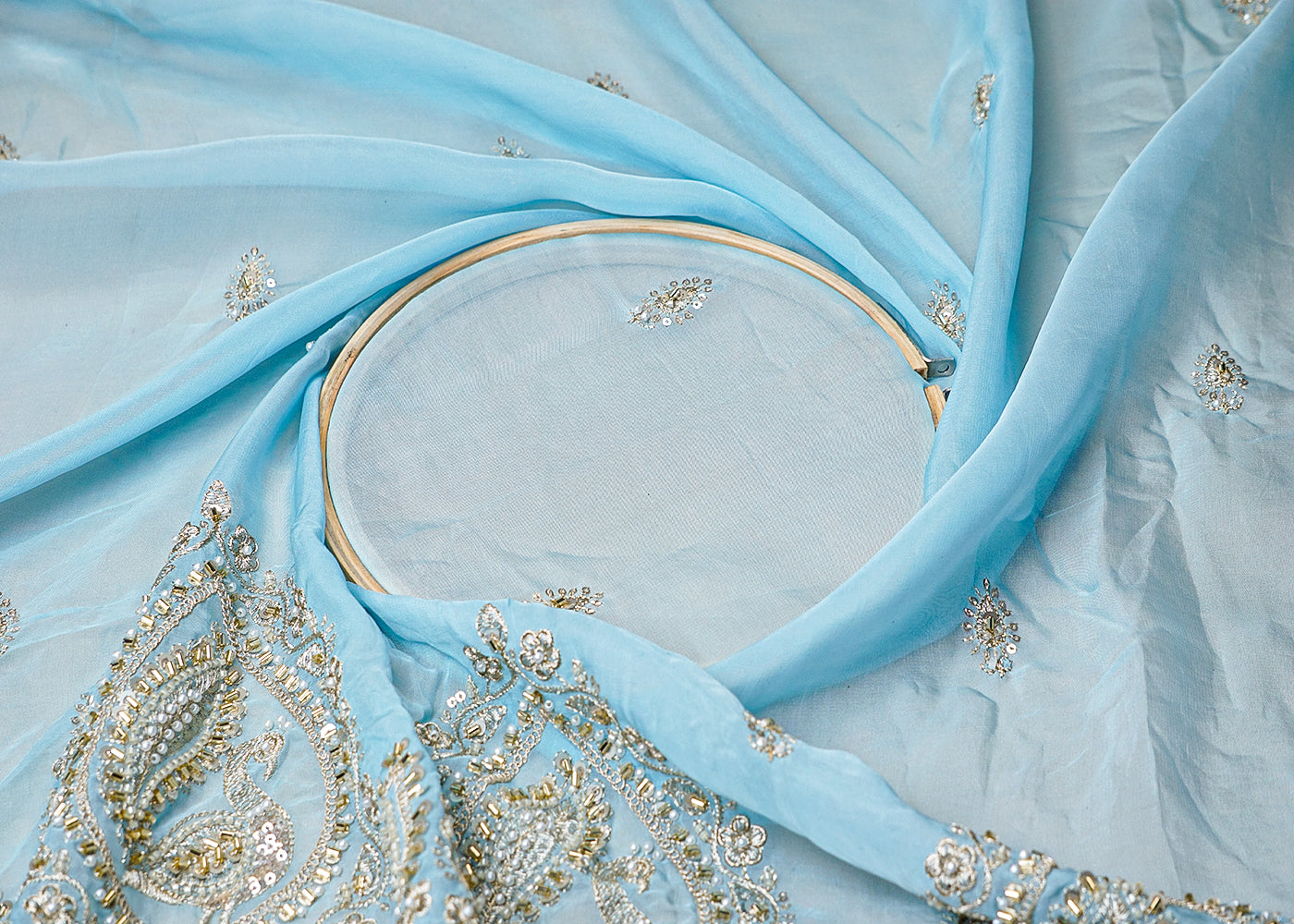 (Pre-Cut 1 MTR) Powder Blue Organza Fabric With All Over Zari, Sequins And Bead Work With One Side Heavy Scalloped Border 18325
