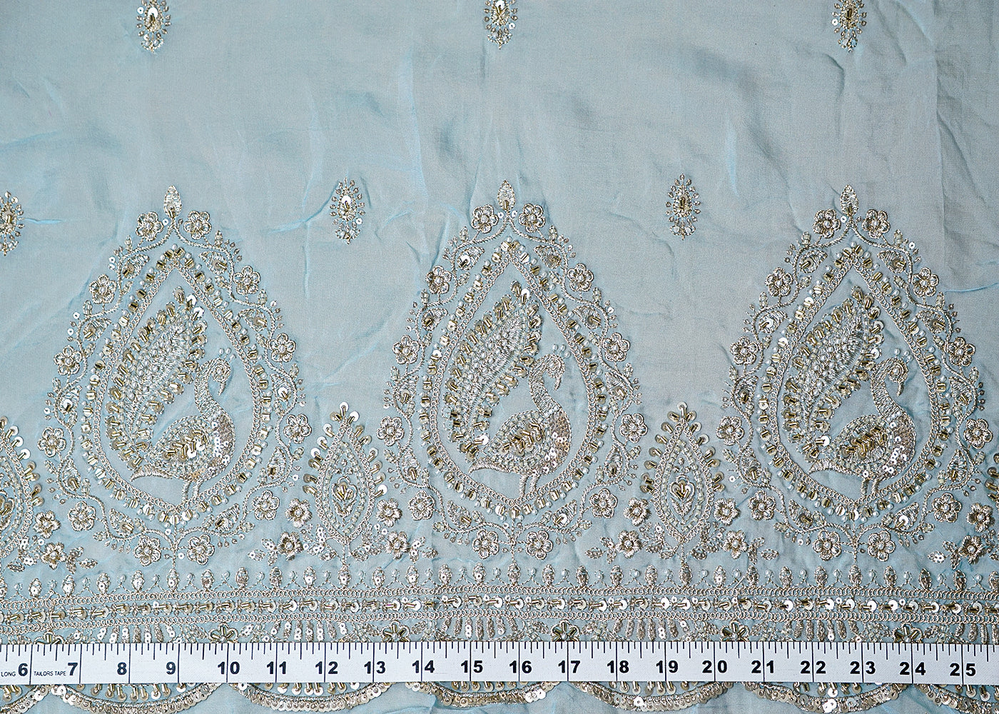 (Pre-Cut 1 MTR) Powder Blue Organza Fabric With All Over Zari, Sequins And Bead Work With One Side Heavy Scalloped Border 18325