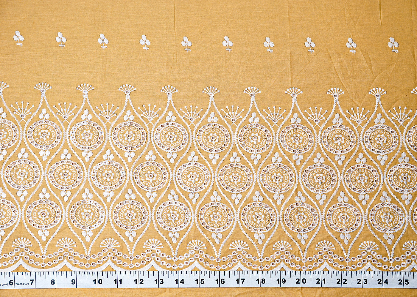 (Pre-Cut 1.4 MTR) Yellow Cotton Fabric With All Over Thread Work And One Side Heavy Cutwork Scalloped Border 18327