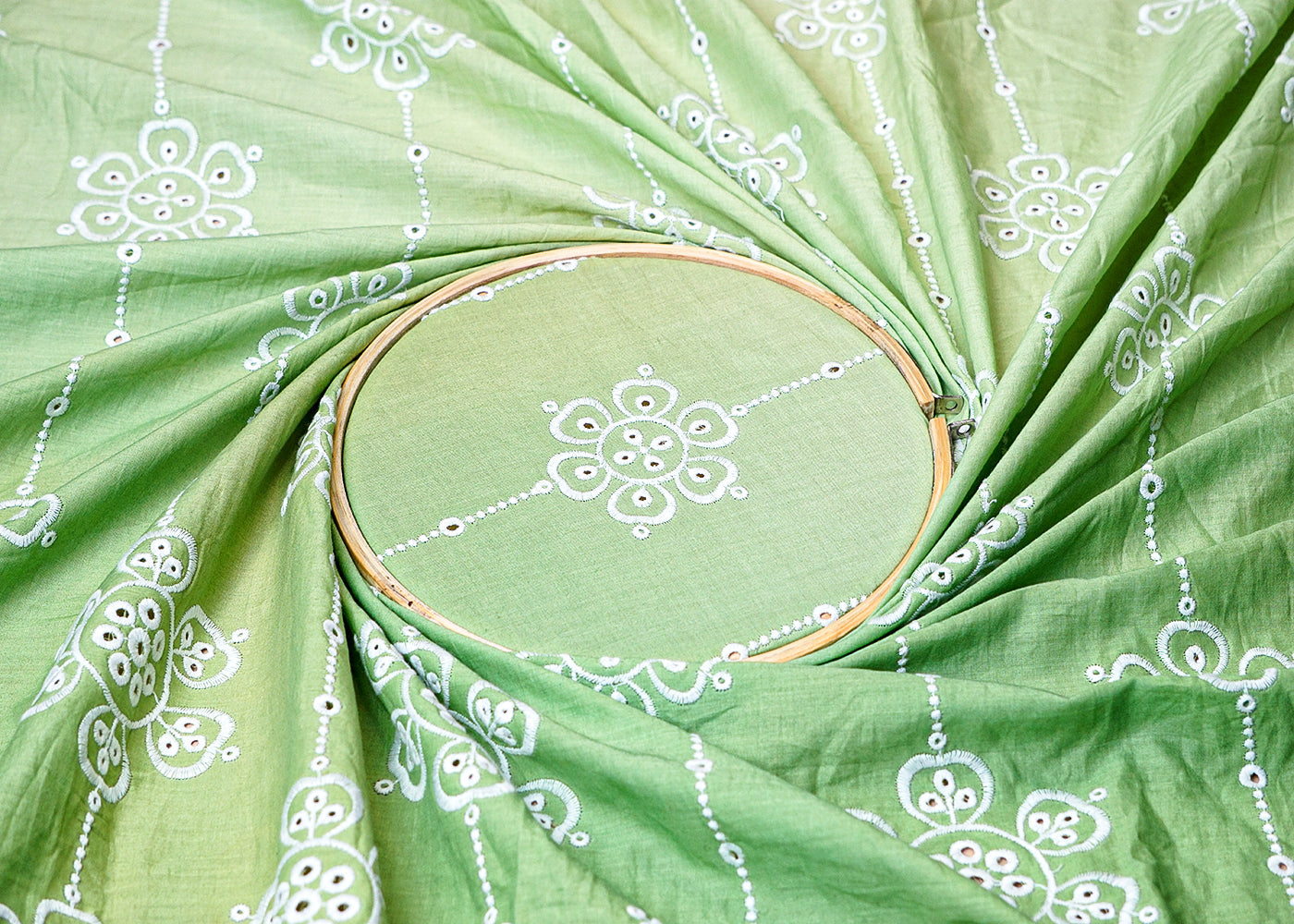 (Pre-Cut 1.5 MTR) Green Cotton Fabric With Ombre Fabric With All Over Thread Work And One Side Scalloped Border 18328