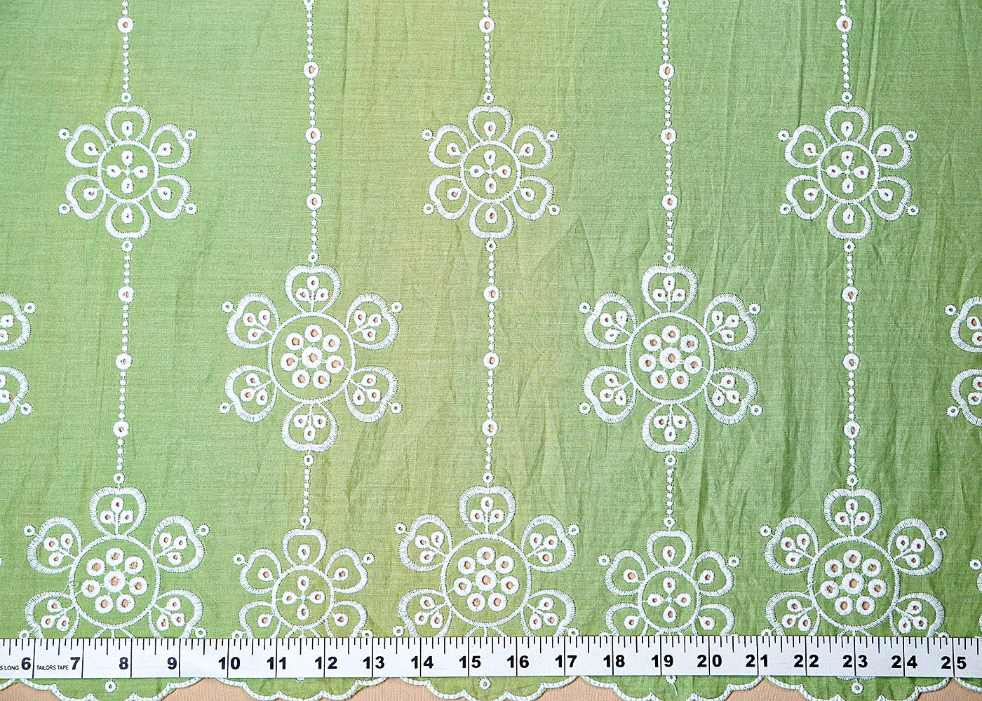 (Pre-Cut 1.5 MTR) Green Cotton Fabric With Ombre Fabric With All Over Thread Work And One Side Scalloped Border 18328