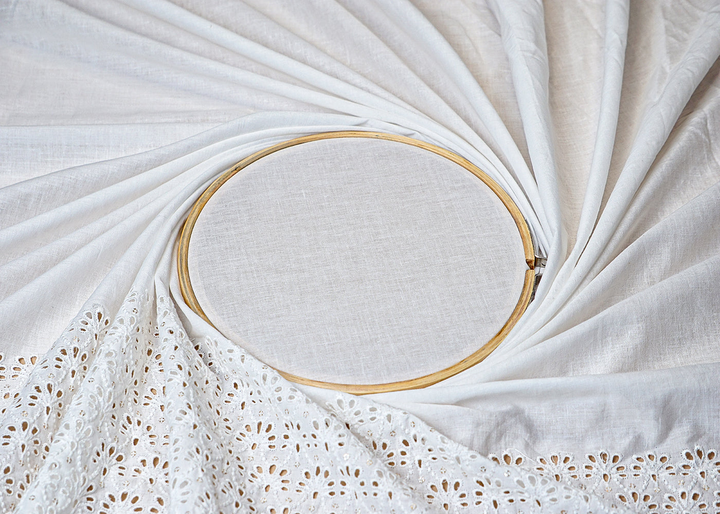(Pre-Cut 2 MTR) White Cotton Fabric With One Side Cutwork Border 18330