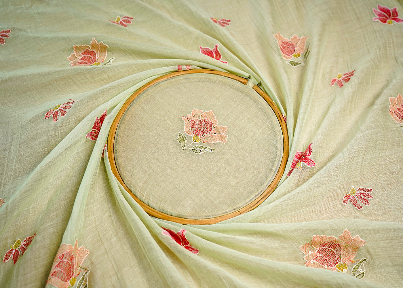(Pre-Cut 1 MTR) Sea Green Chanderi Fabric With All Over Thread And Sequins Work 18331