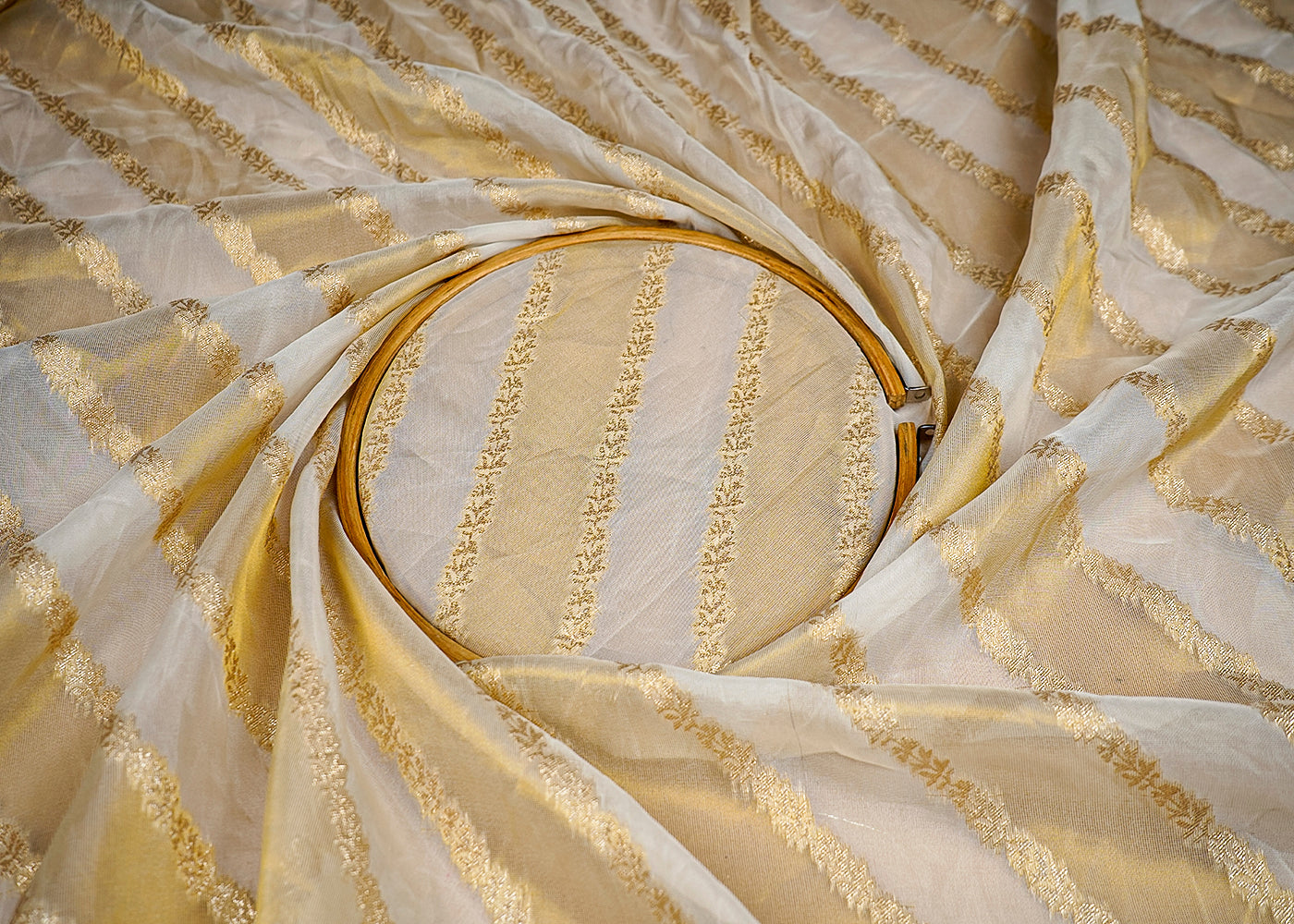 (Pre-Cut 1.5 MTR) White Organza Tissue Fabric With All Over Golden Zari Handloom 18333