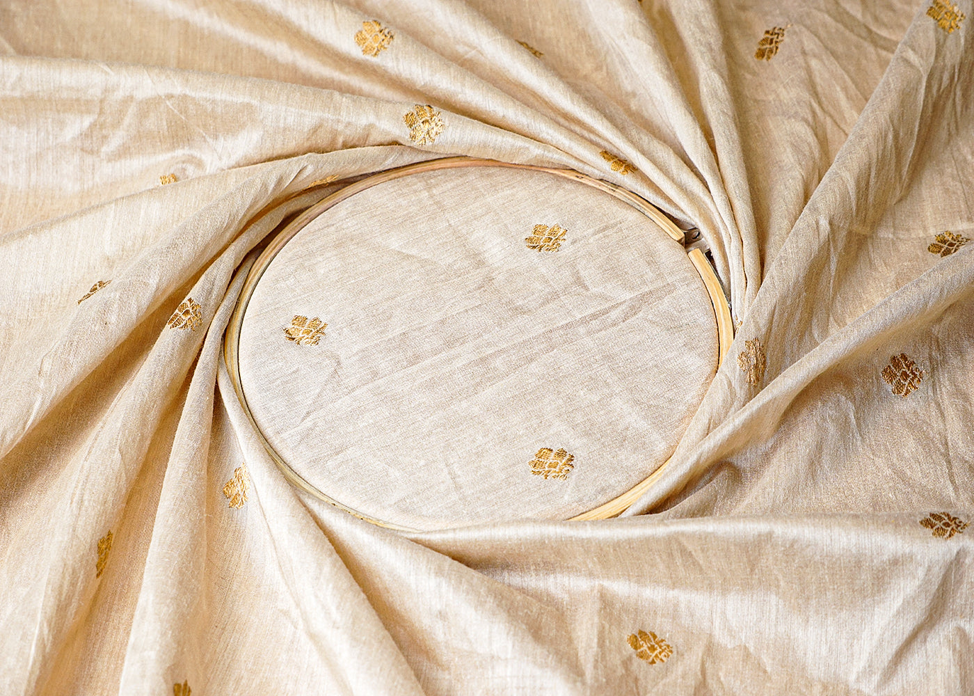(Pre-Cut 1.2 MTR) Golden Moonga Silk Fabric With All Over Zari Handloom 18335
