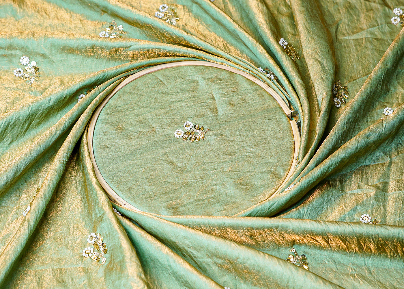 (Pre-Cut 1.55 MTR) Sea Green Diamond Silk Tissue Fabric With All Over Bead And Katdana Buti  18337