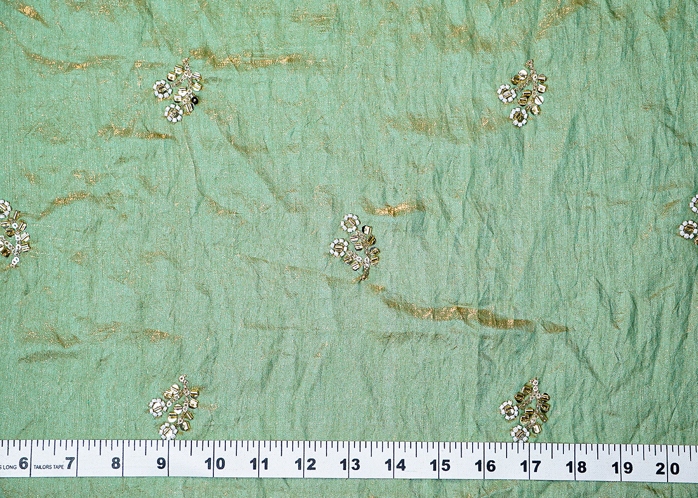(Pre-Cut 1.55 MTR) Sea Green Diamond Silk Tissue Fabric With All Over Bead And Katdana Buti  18337