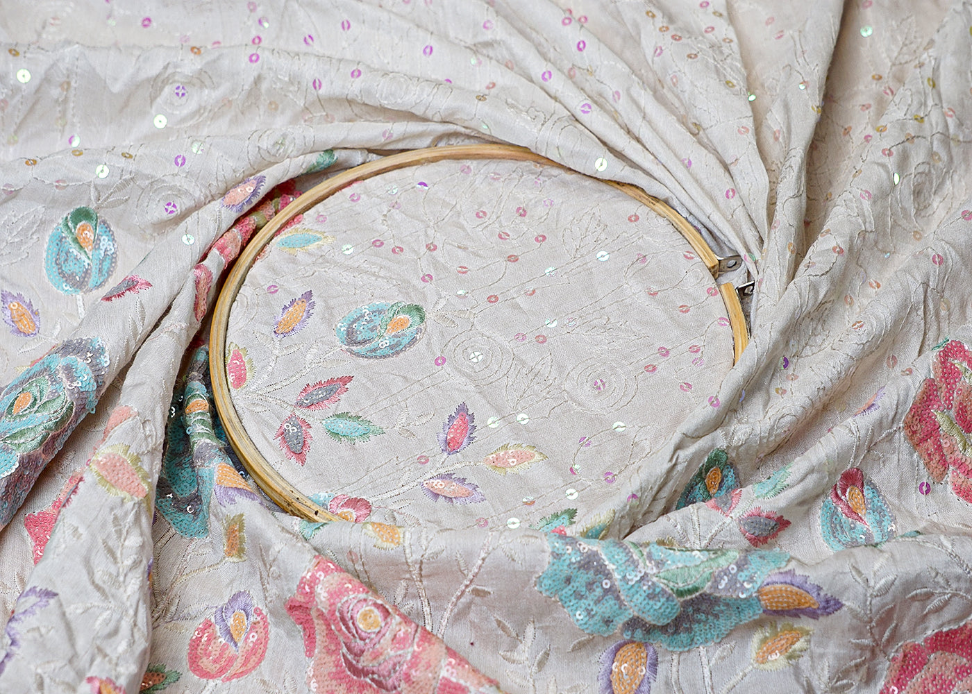 (Pre-Cut 1.3 MTR) White Dola Silk Fabric With One Side Thread And Sequins Work 18338