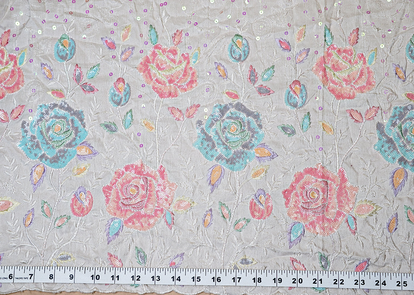 (Pre-Cut 1.3 MTR) White Dola Silk Fabric With One Side Thread And Sequins Work 18338