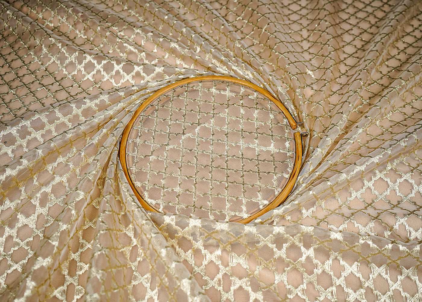 (Pre-Cut 1.7 MTR) White Organza Fabric With All Over Golden Zari Handloom With One Side Border 18340