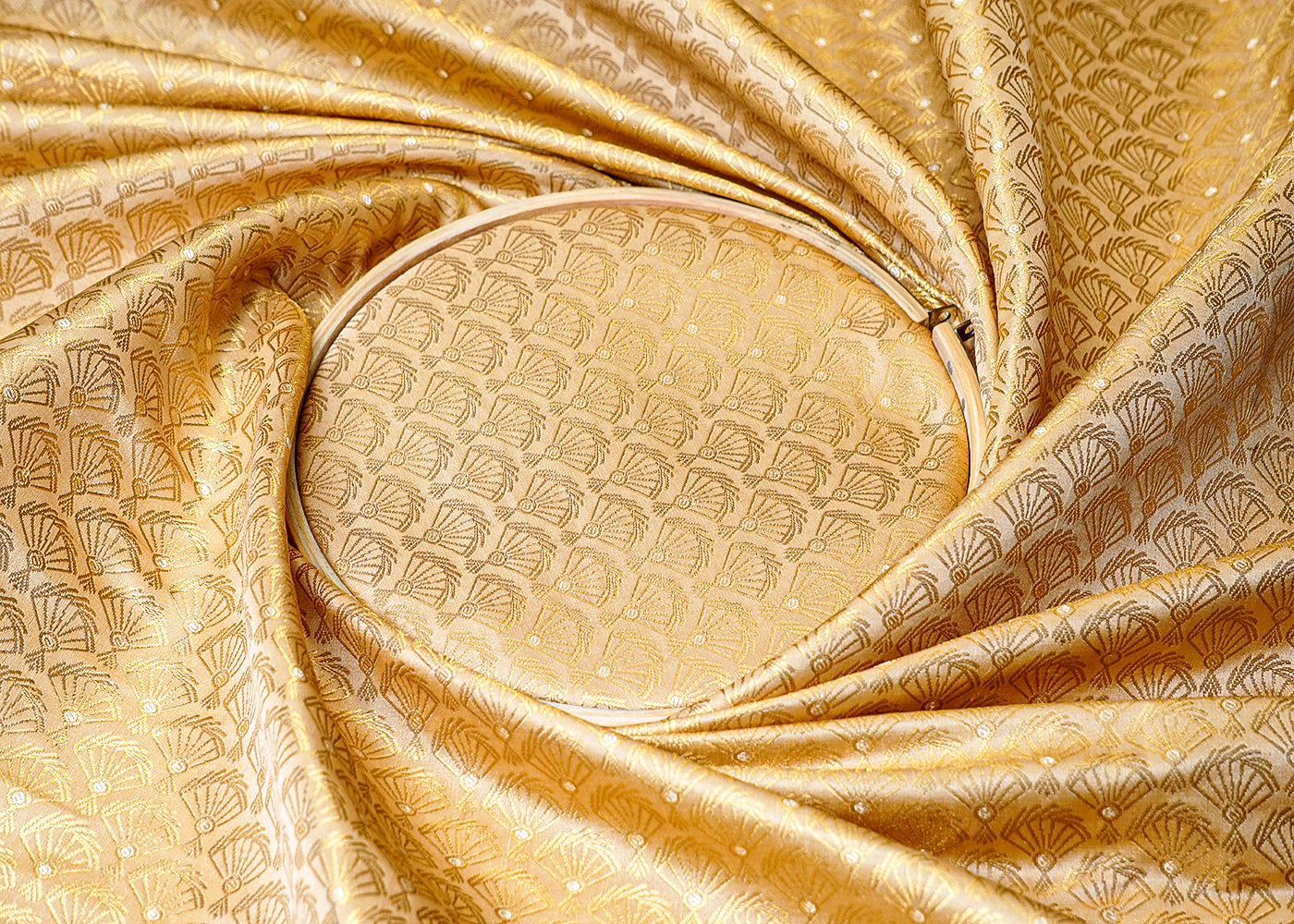 (Pre-Cut 2 MTR) Golden Banarasi Brocade Fabric With All Over Golden Zari Handloom 18341