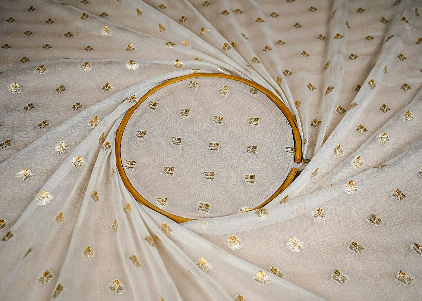 (Pre-Cut 2 MTR) White Georgette Fabric With All Over Golden Zari Handloom 18343