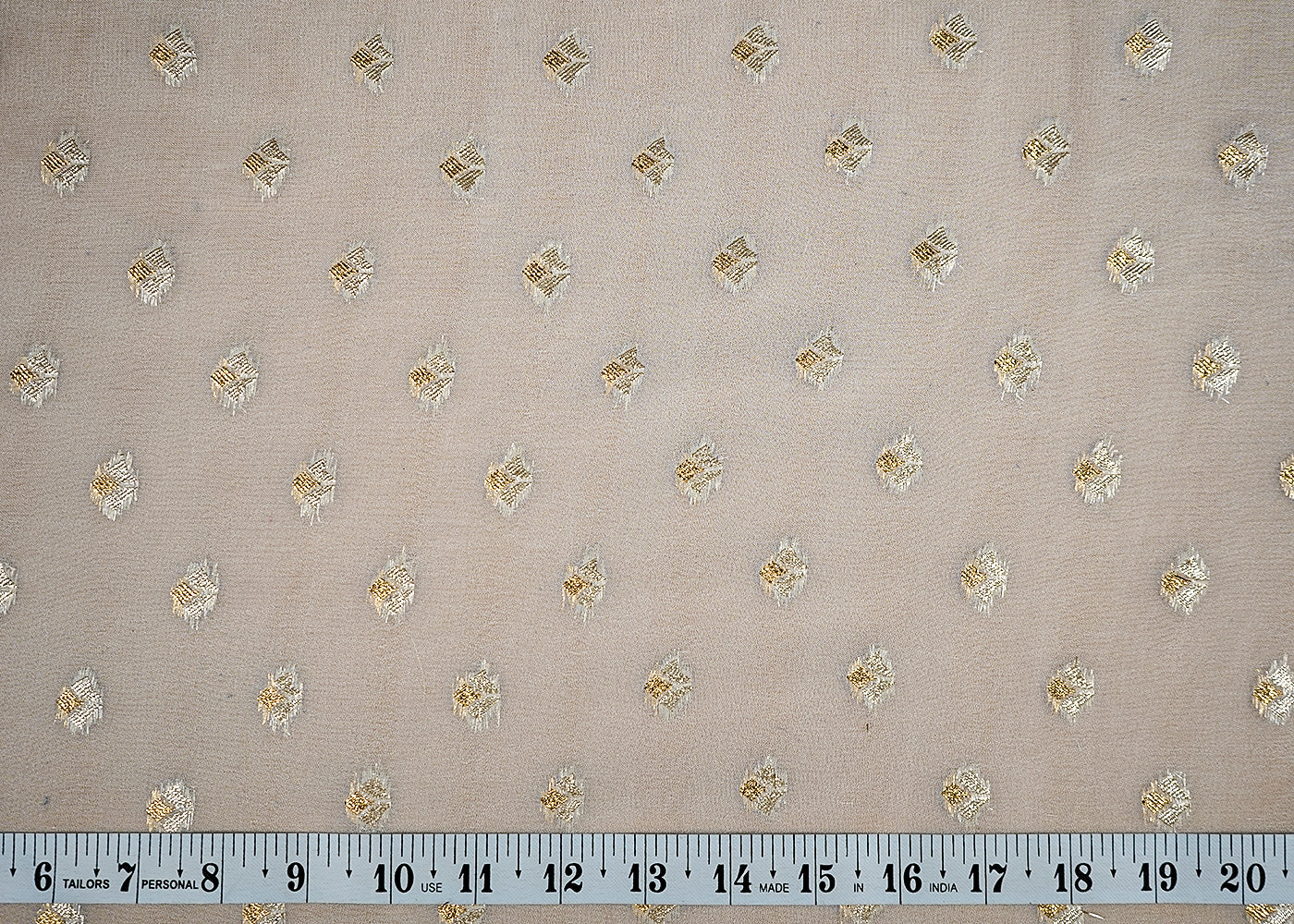 (Pre-Cut 2 MTR) White Georgette Fabric With All Over Golden Zari Handloom 18343
