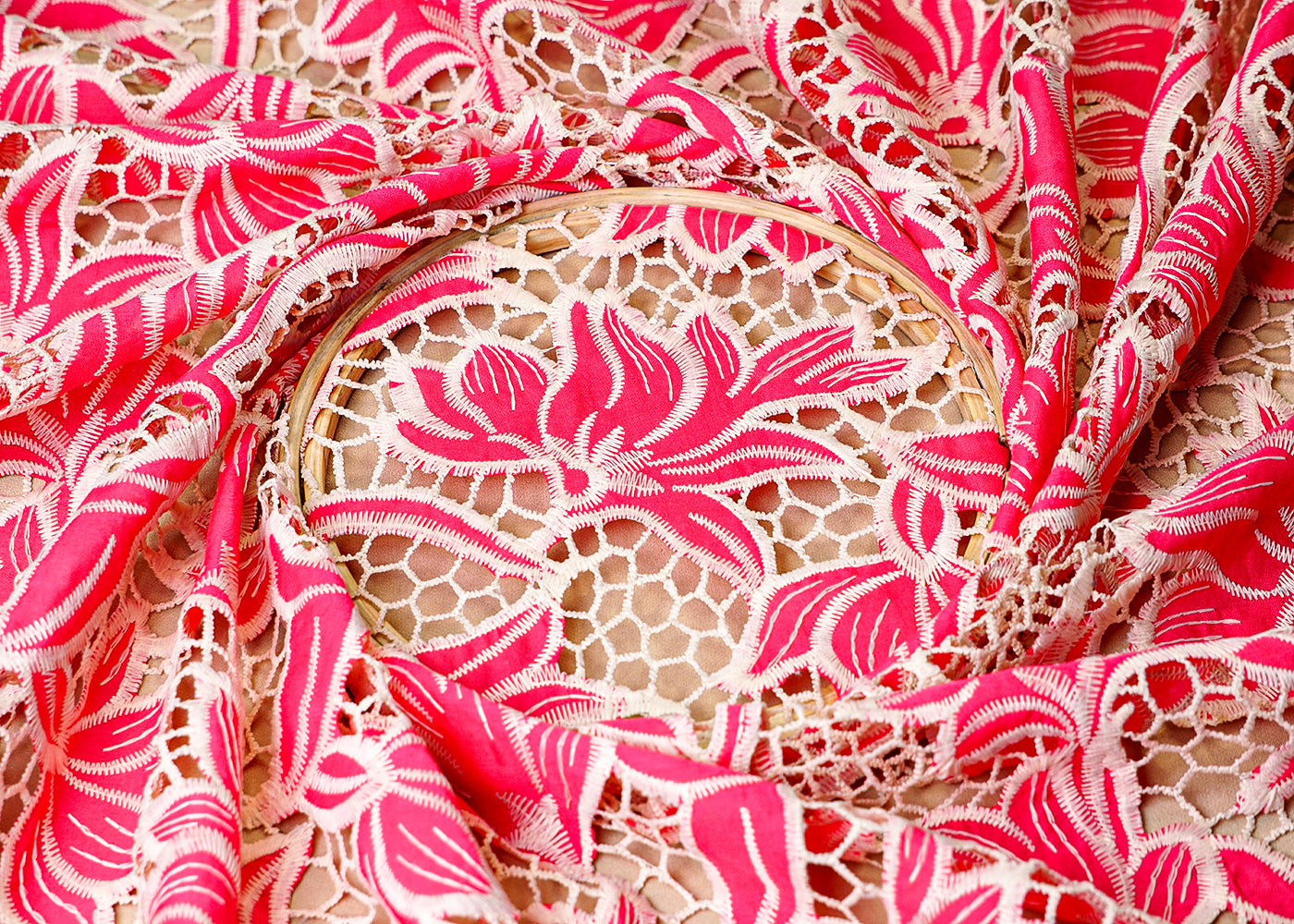 (Pre-Cut 2.1 MTR) Pink Crepe Fabric With All Over Cutwork  18344