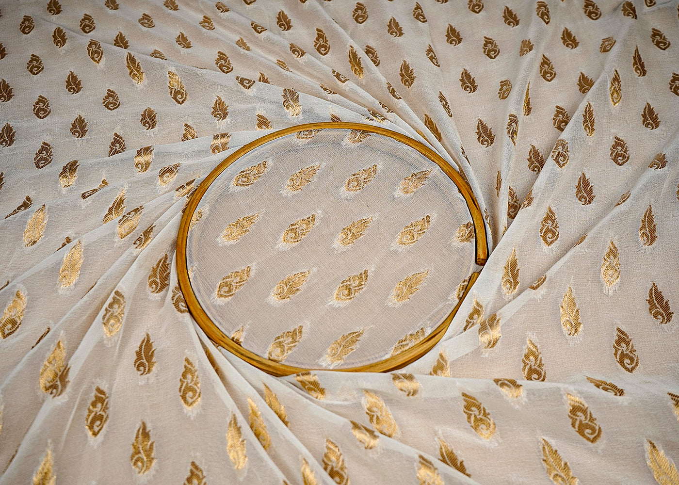 (Pre-Cut 1.35 MTR) White Georgette Fabric With All Over Golden Zari Handloom 18347
