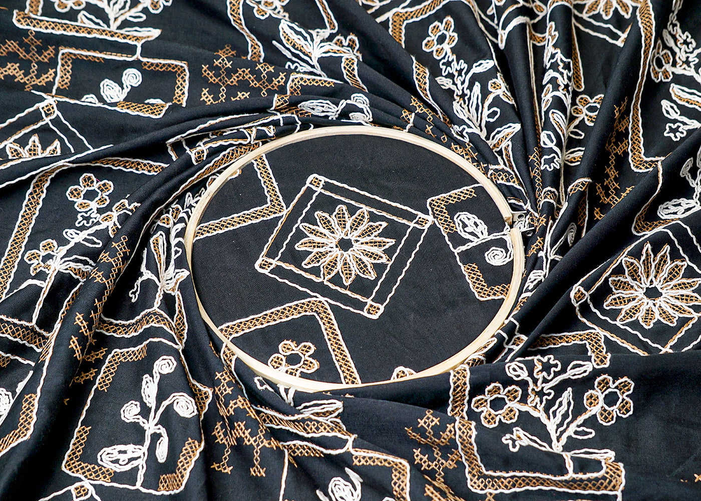 (Pre-Cut 1.6 MTR) Black Cotton Fabric With All Over Thread Work And Two Side Scalloped Edges 18350