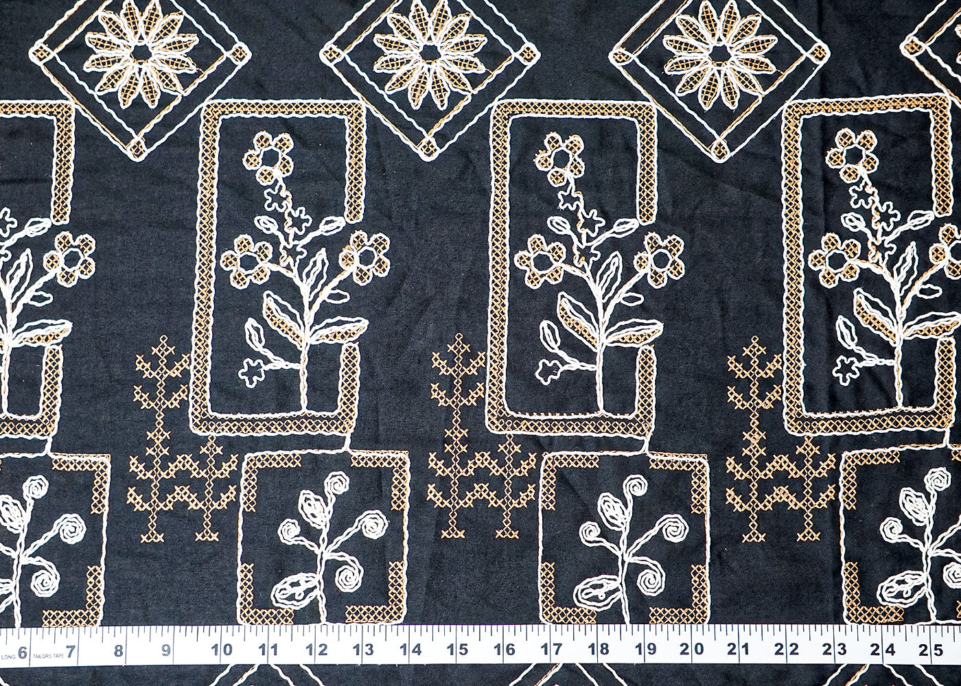(Pre-Cut 1.6 MTR) Black Cotton Fabric With All Over Thread Work And Two Side Scalloped Edges 18350