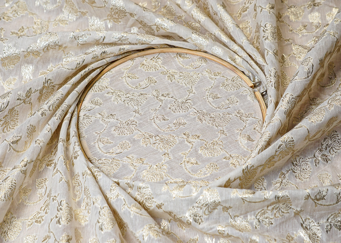 (Pre-Cut 1 MTR) White Chanderi Fabric With All Over Golden Zari Handloom  18351