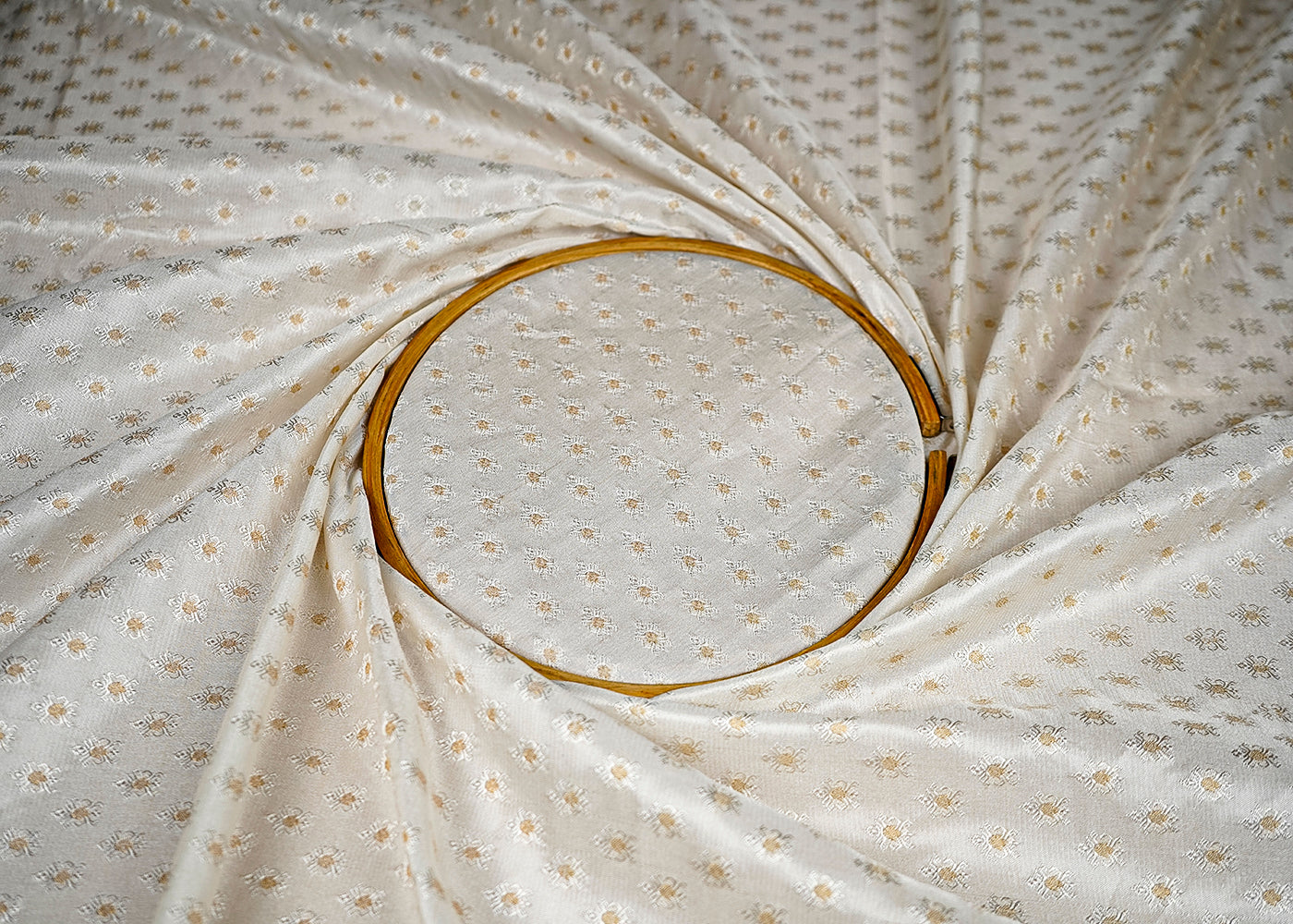 (Pre-Cut 1.85 MTR) White Banarasi Brocade Fabric With All Over Golden Zari Handloom 18352