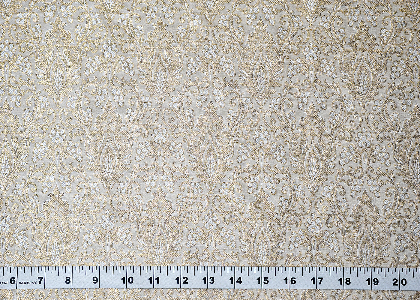 (Pre-Cut 1.8 MTR) White Banarasi Brocade Fabric With All Over Golden Zari Handloom 18353