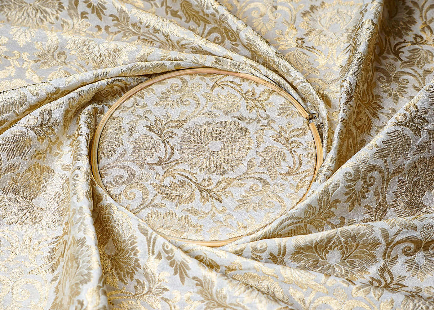 (Pre-Cut 1 MTR) White Banarasi Brocade Fabric With All Over Golden Zari Handloom 18354