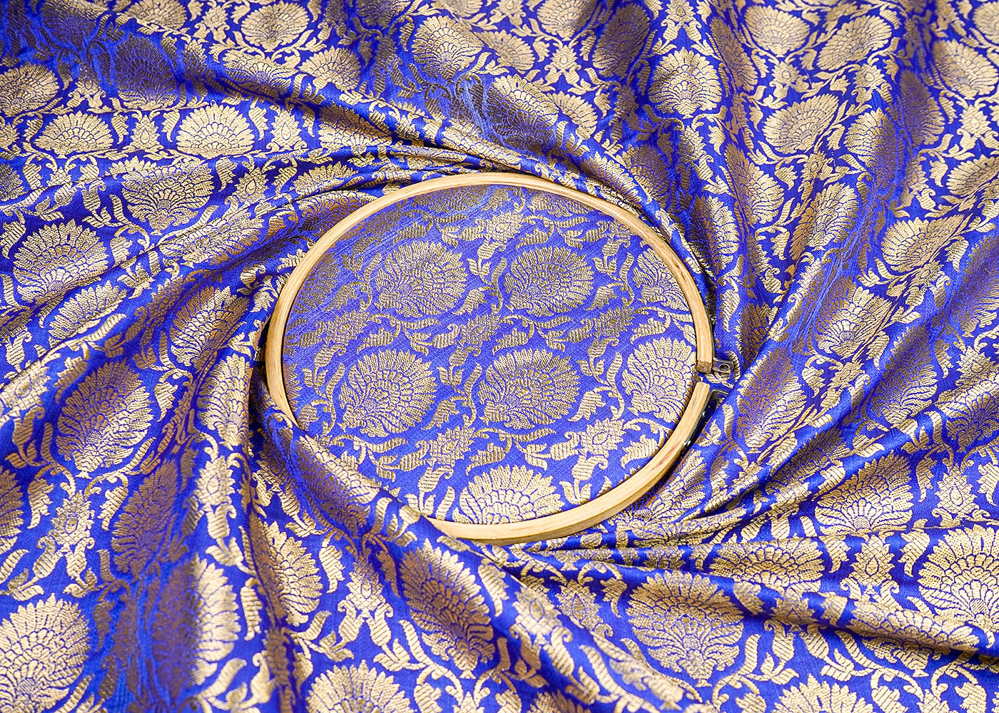 (Pre-Cut 2.2 MTR) Blue Banarasi Brocade Fabric With All Ove Golden Zari Handloom 18358