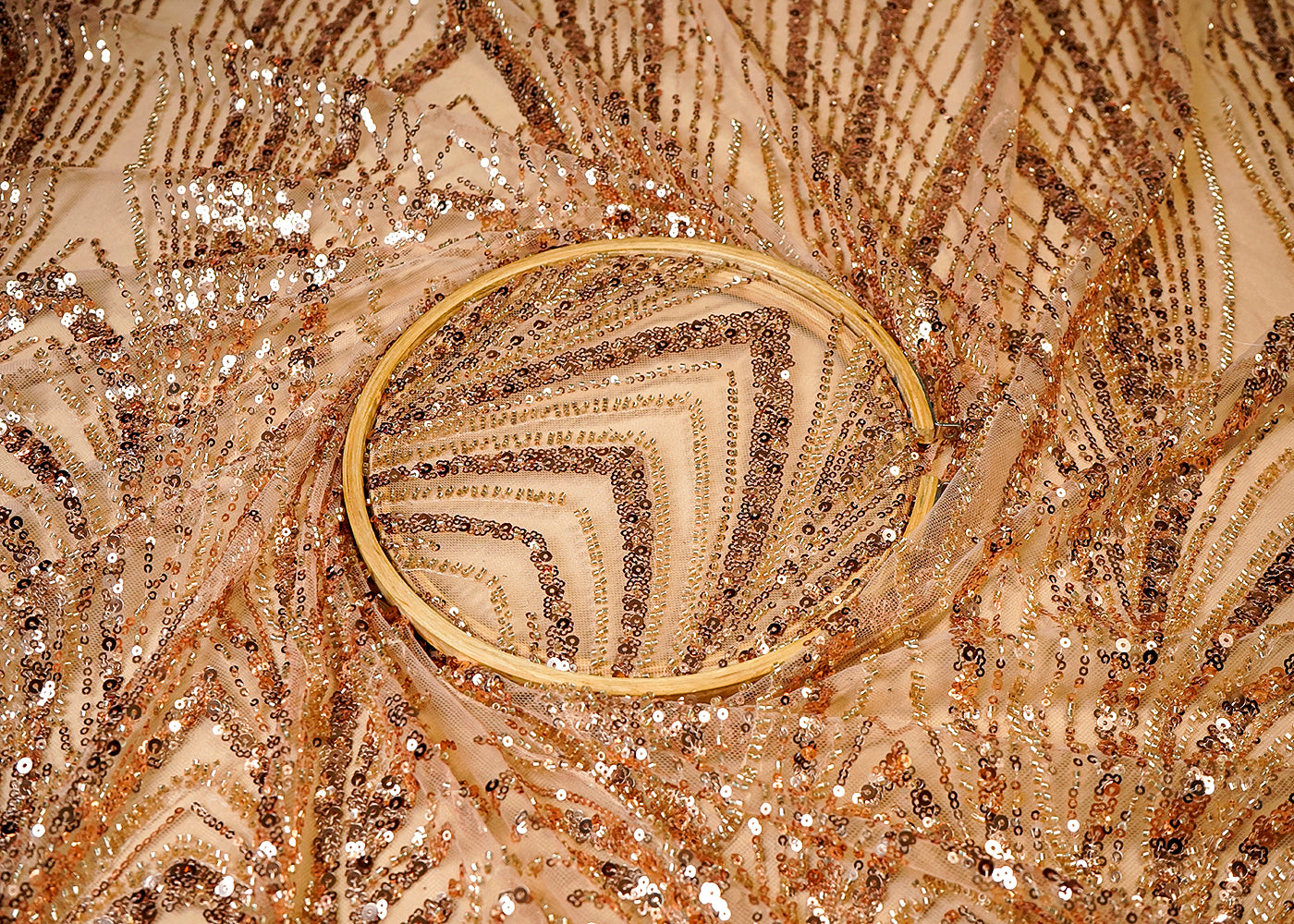 (Pre-Cut 1 MTR) Beige Imported Net Fabric With All Over Bead And Sequins Work 18361