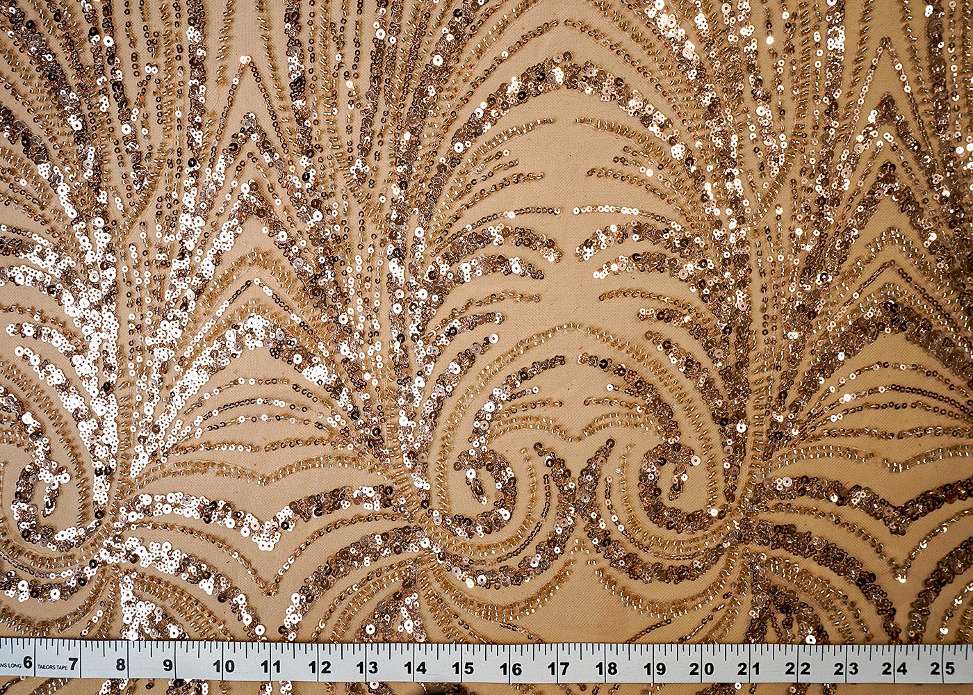 (Pre-Cut 1 MTR) Beige Imported Net Fabric With All Over Bead And Sequins Work 18361