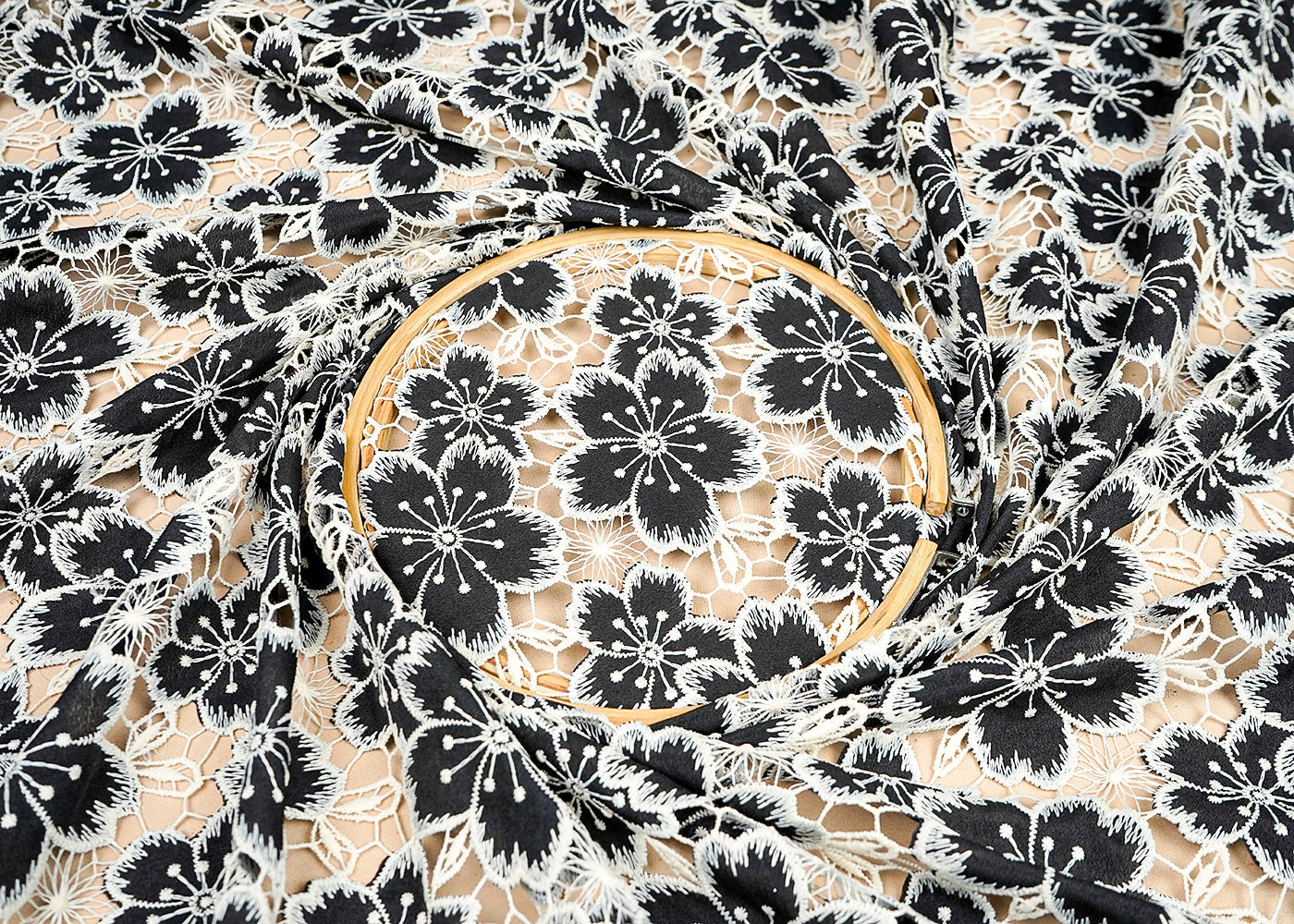 (Pre-Cut 1.35 MTR) Black Crepe Fabric With All Over Floral Pattern With Cutwork 18362