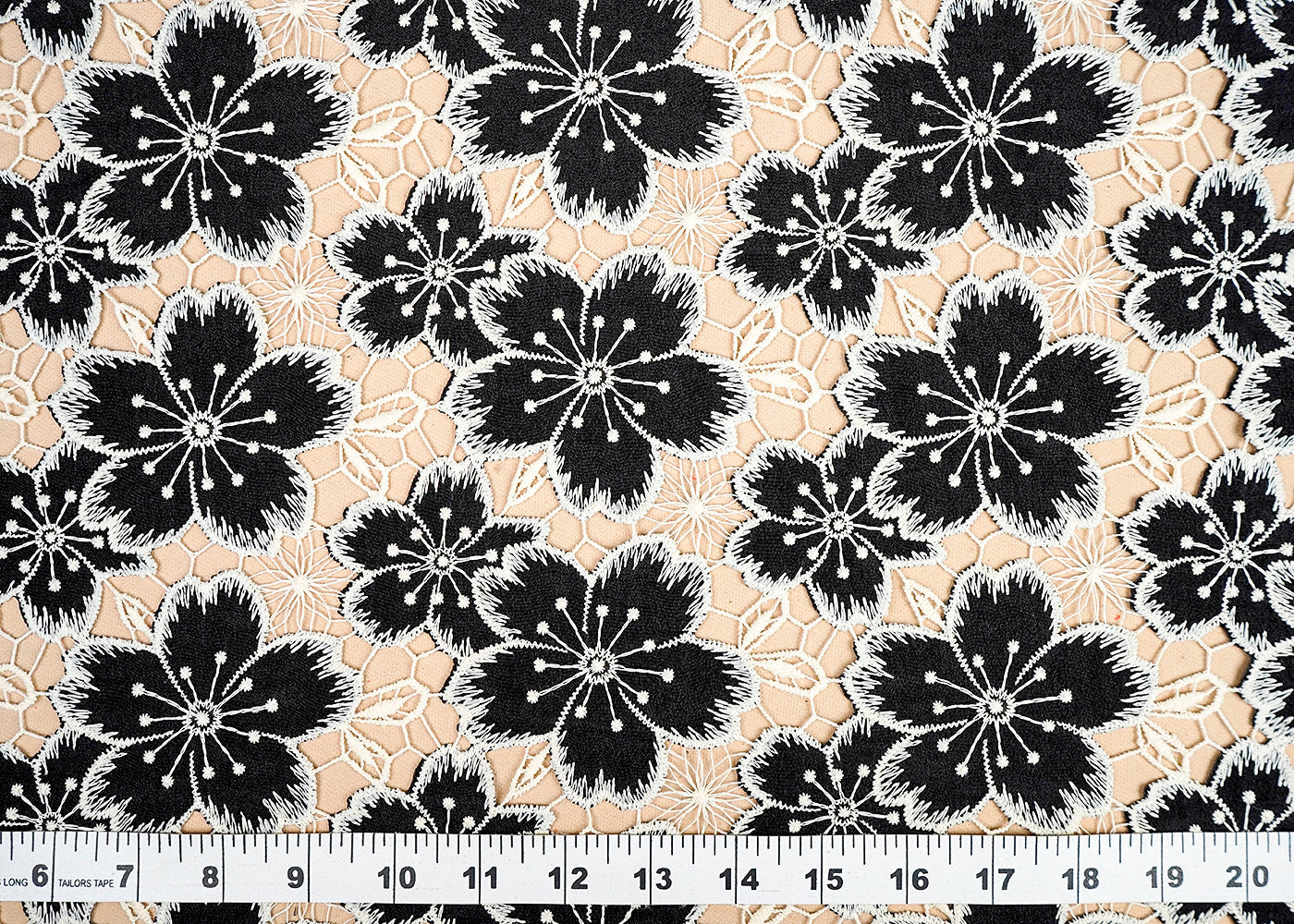 (Pre-Cut 1.35 MTR) Black Crepe Fabric With All Over Floral Pattern With Cutwork 18362