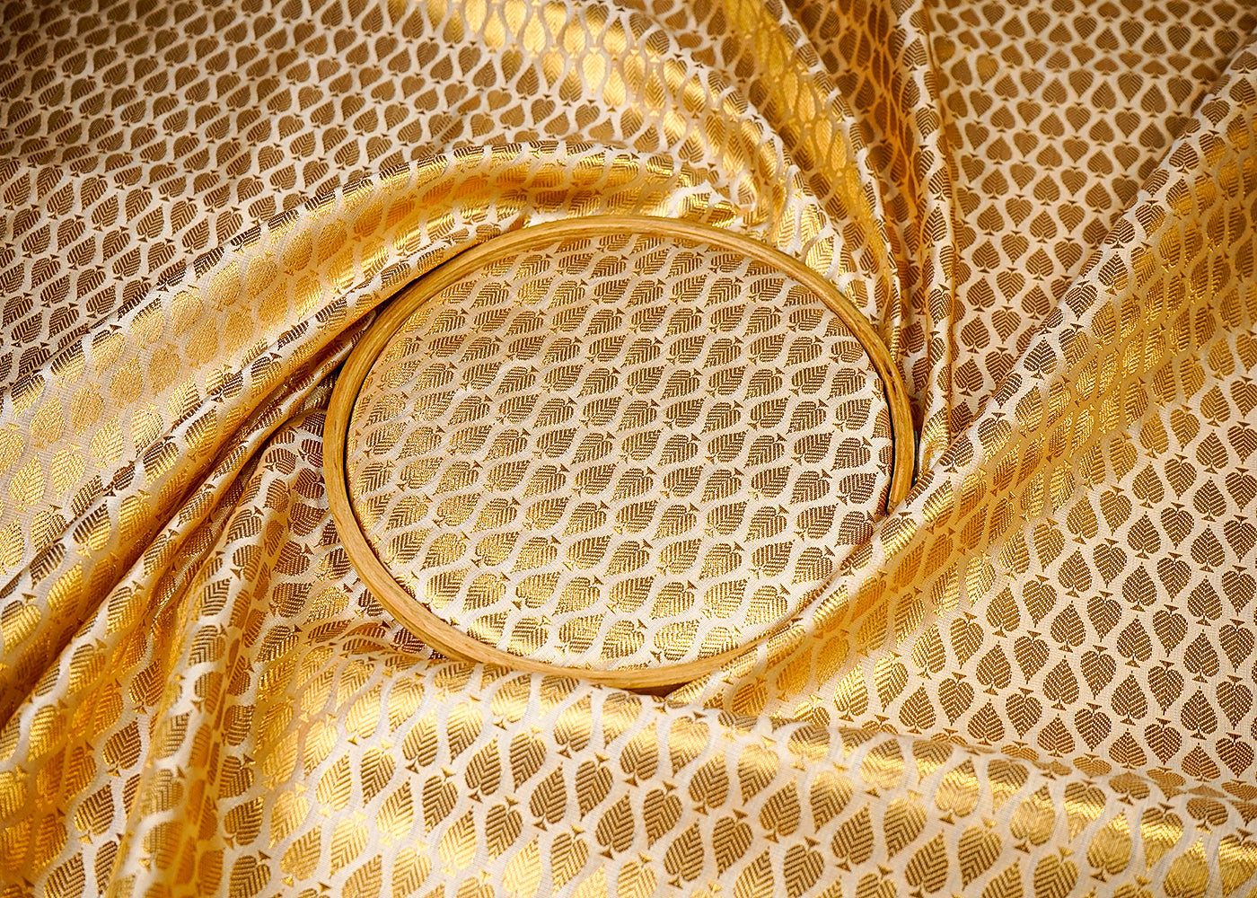 (Pre-Cut 1 MTR) Brown Banarasi Brocade Fabric With All Ove Golden Zari Handloom 18365