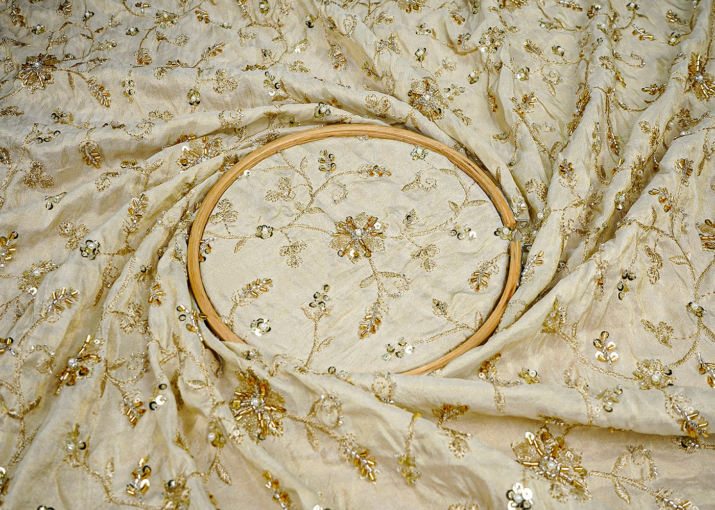(Pre-Cut 1.3 MTR) Gold Tissue Fabric With All Over Katdana, Bead And Sequins Work 18367