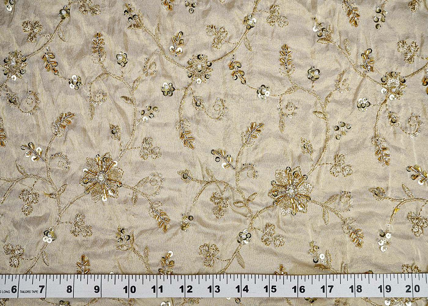 (Pre-Cut 1.3 MTR) Gold Tissue Fabric With All Over Katdana, Bead And Sequins Work 18367