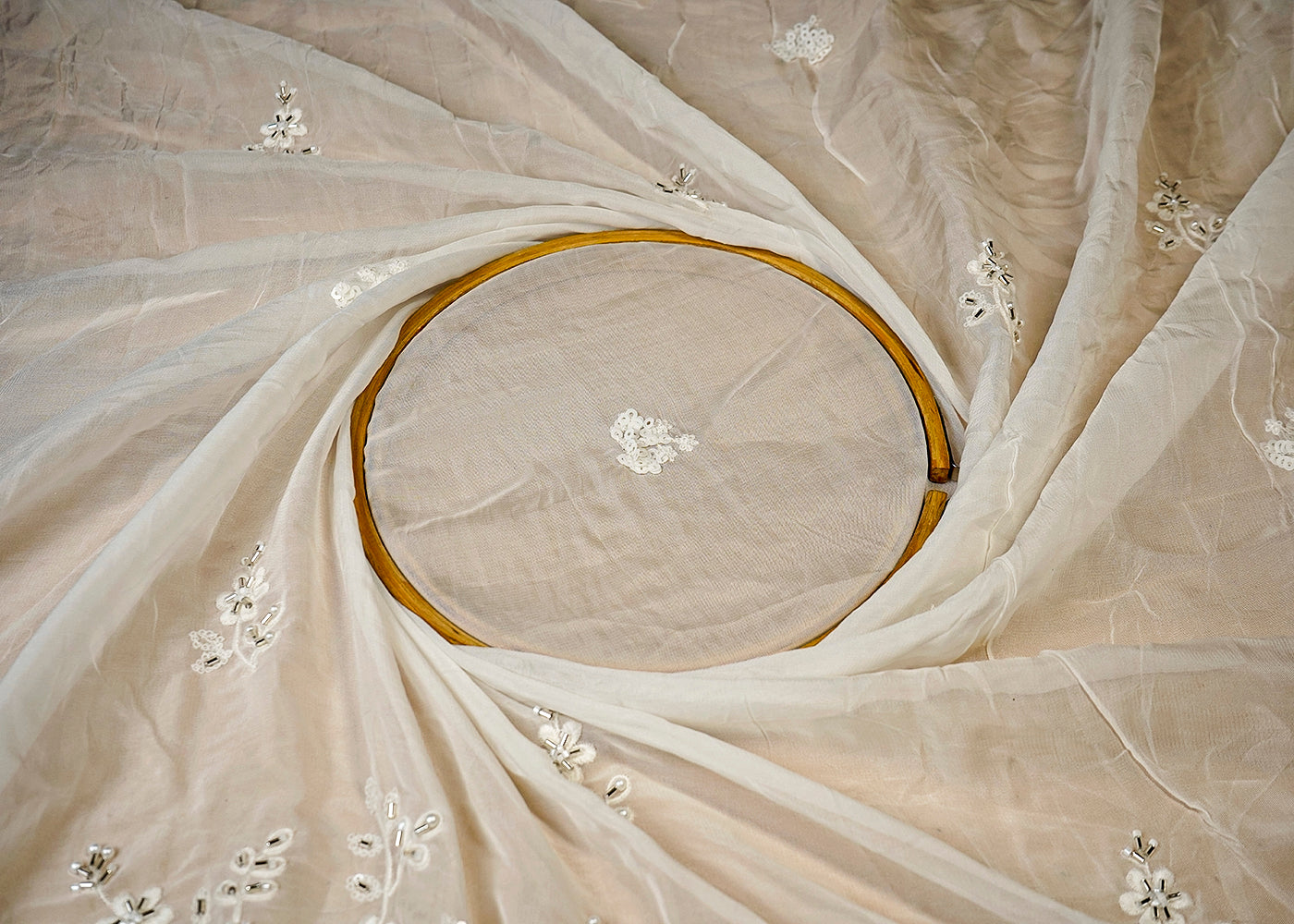 (Pre-Cut 3 MTR) White Organza Fabric With All Over Katdana Sequins And Thread Work 18368