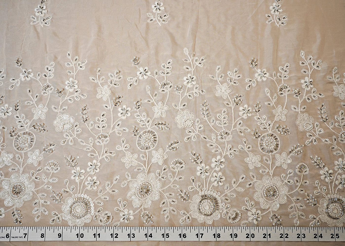 (Pre-Cut 3 MTR) White Organza Fabric With All Over Katdana Sequins And Thread Work 18368