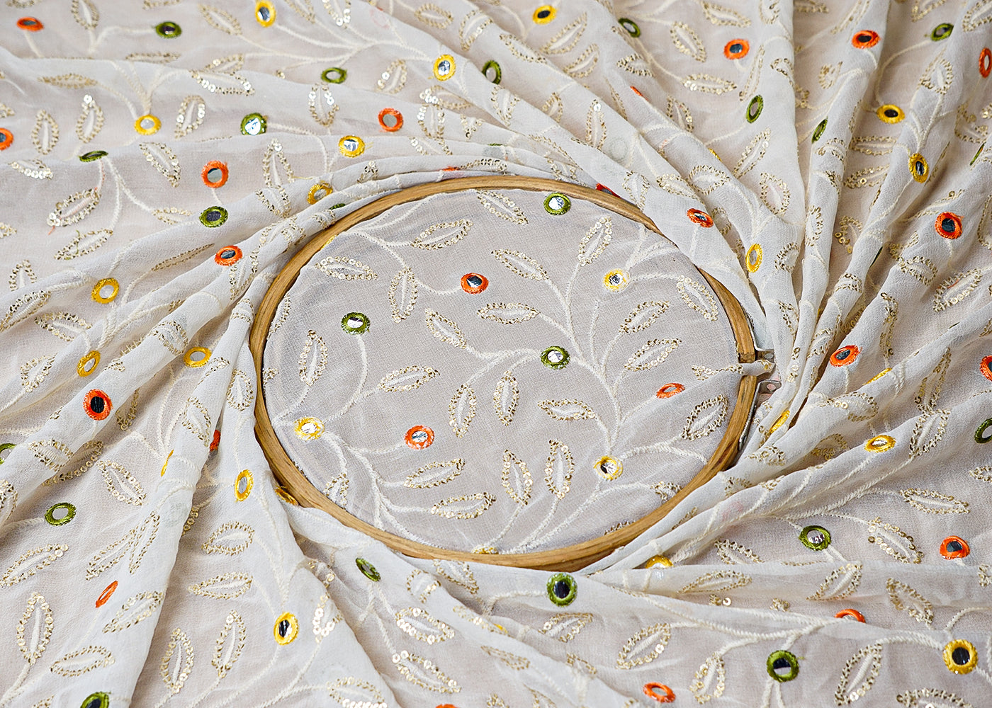 (Pre-Cut 1.3 MTR) White Georgette Fabric With All Over Thread, Sequins And Faux Mirror Work 18369