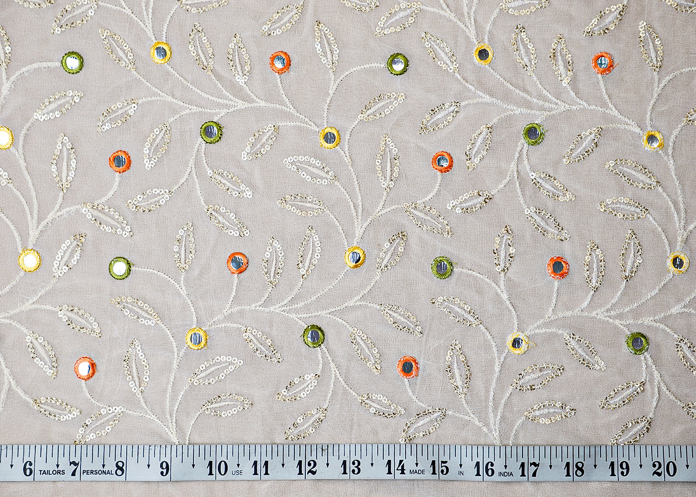 (Pre-Cut 1.3 MTR) White Georgette Fabric With All Over Thread, Sequins And Faux Mirror Work 18369