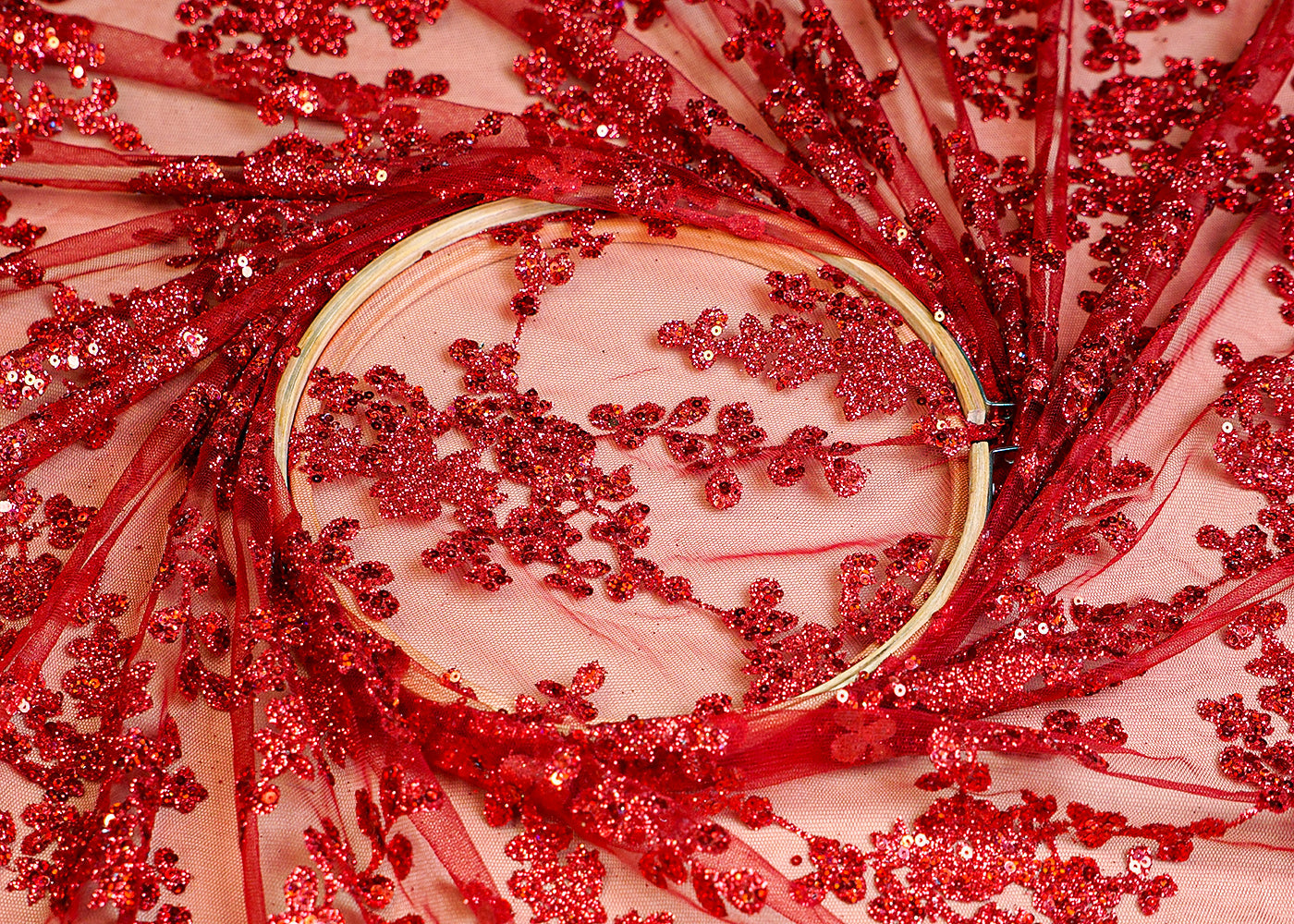 (Pre-Cut 2 MTR) Red Net Fabric With All Over Gliter Work 18372