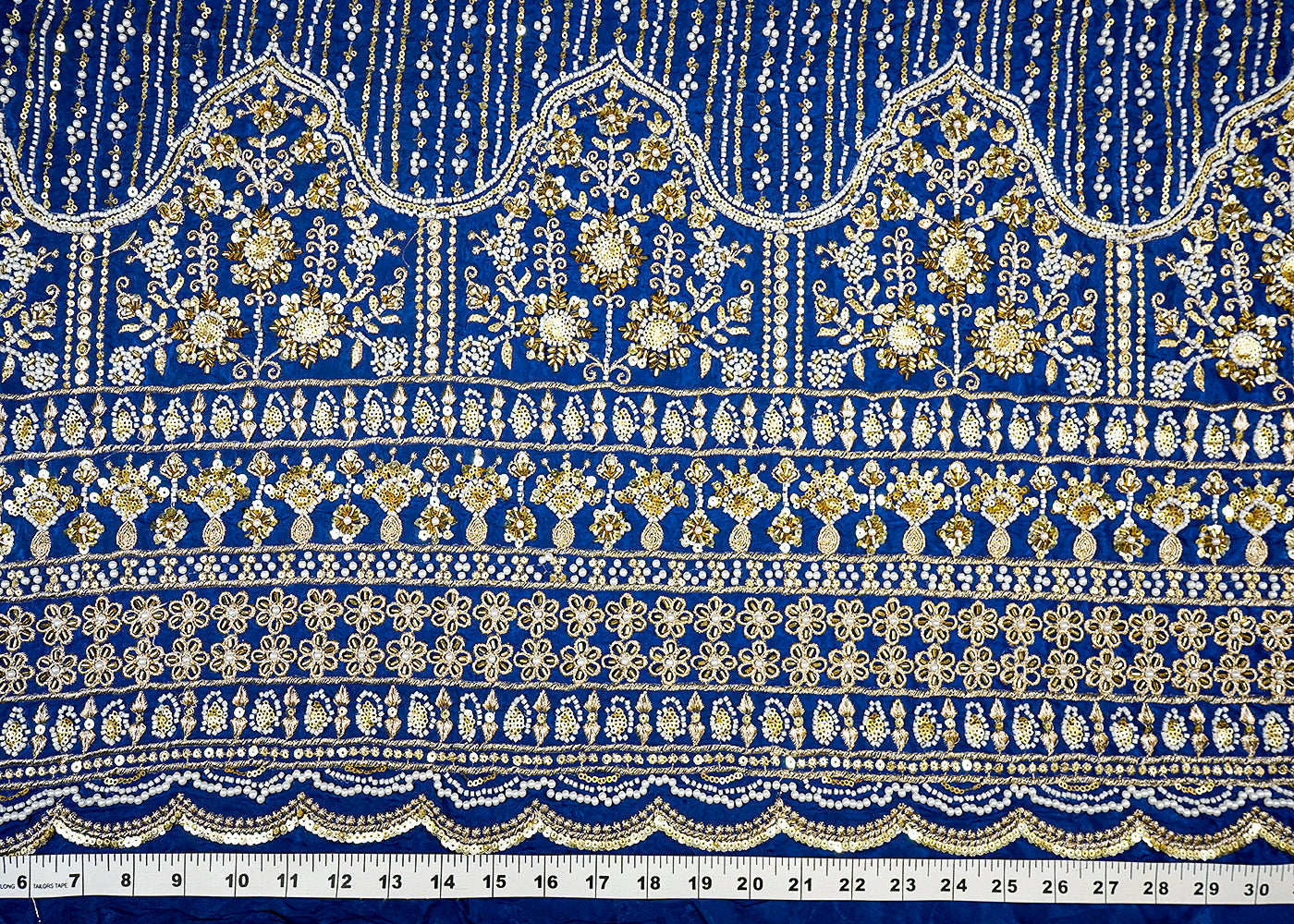 (Pre-Cut 1.2 MTR) Blue Crepe Fabric With All Over Katdana, Bead And Sequins Work With One Side Heavy Border 18374
