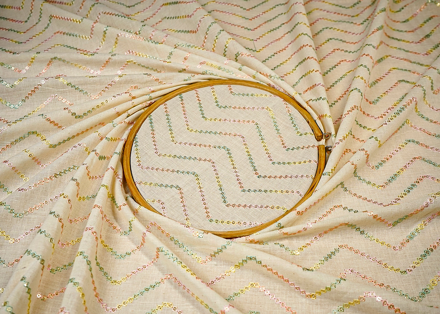 (Pre-Cut 2.3 MTR) Off White Cotton Fabric With All Over Thread And Sequins Work 18375