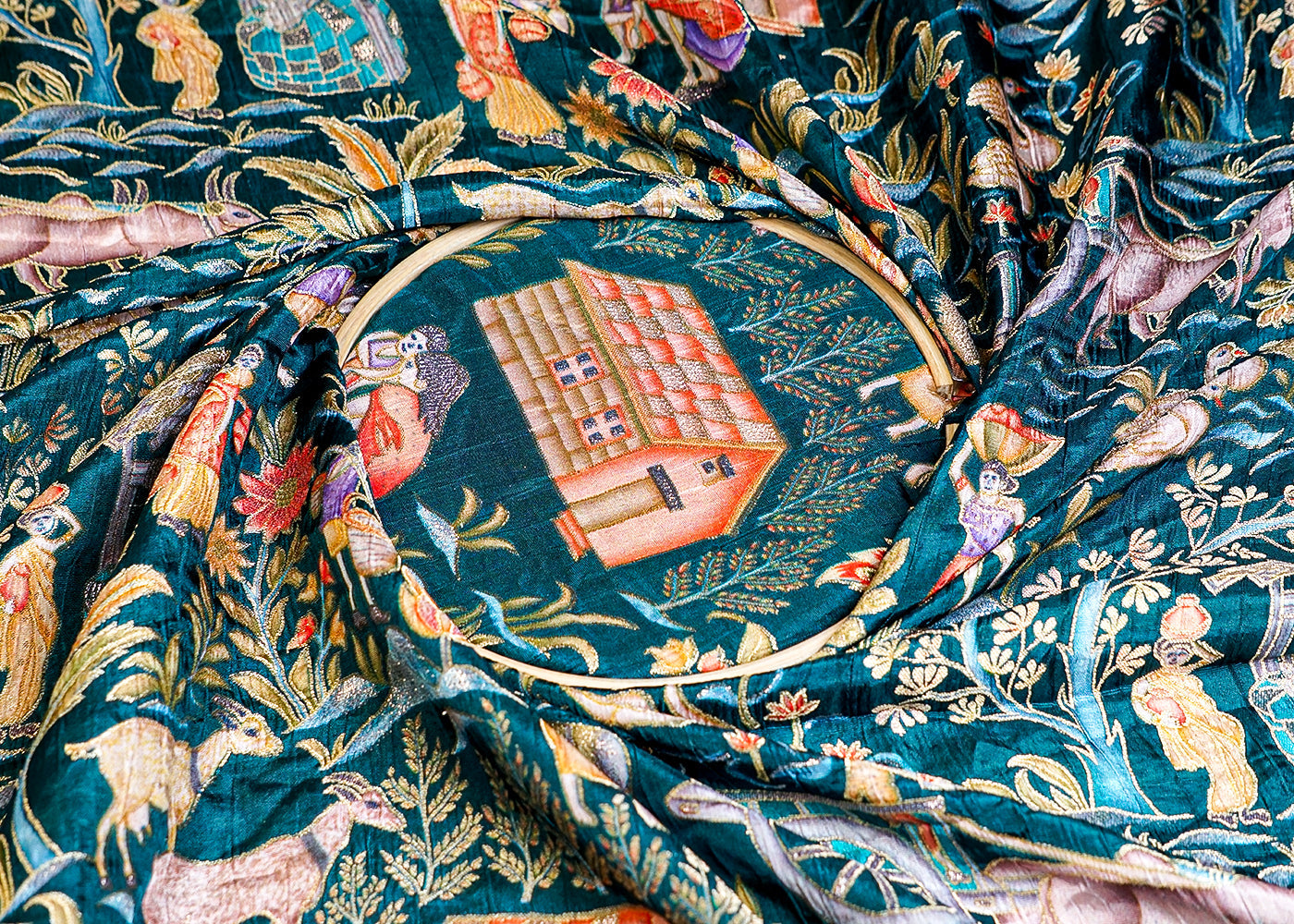 (Pre-Cut 1.9 MTR) Bottle Green Upara Silk Fabric With All Over Traditional Print And Zari Work 18379