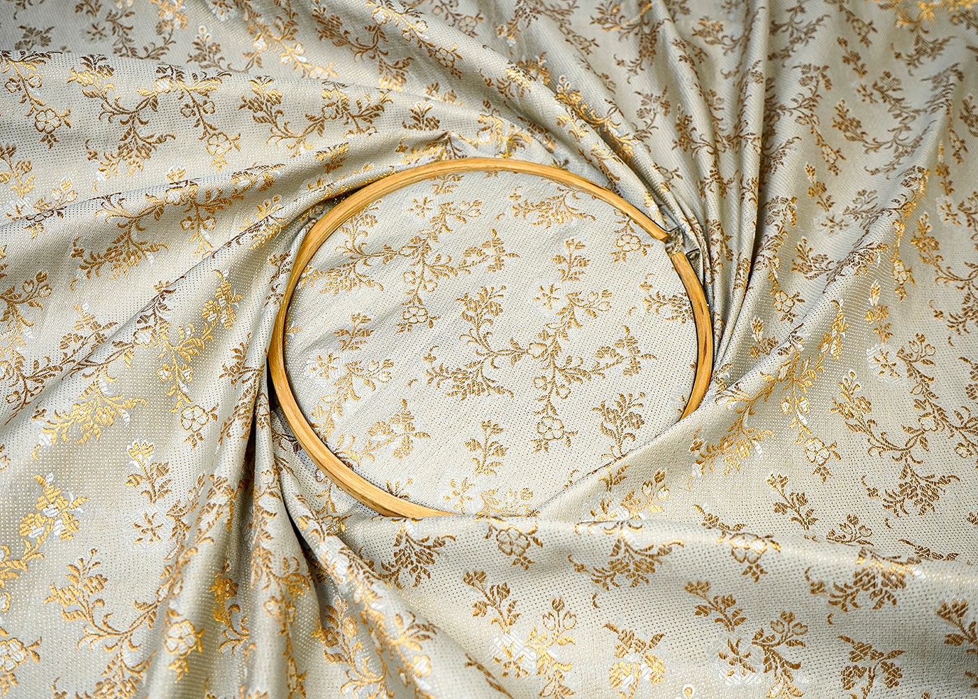 (Pre-Cut 1.5 MTR) Grey Banarasi Brocade Fabric With All Ove Golden Zari Handloom 18382